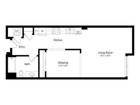 Floor plan for studio, 1 bath, 685 sqft